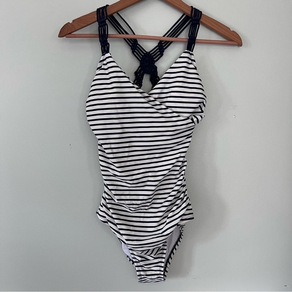 Kona Sol Navy Stripe High Coverage One-Piece Swimsuit • Small - Picture 2 of 11